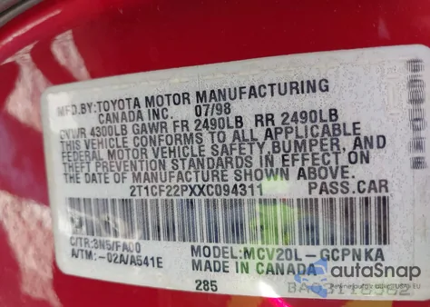 1999 Toyota Camry Solara Se V6 z USA, uszkodzony, nr VIN 2T1CF22PXXC094311